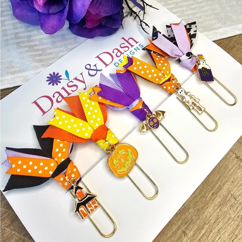 Set of 5 Halloween Ribbon Paperclip Bookmarks with Charms